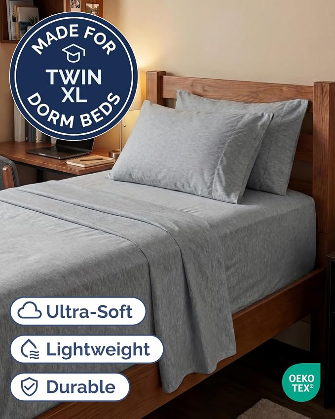 Extra Deep Twin XL Sheet Set - 4 Piece College Dorm Room - Heathered Grey | College Dorm Room Essentials, Easy & Secure Fit, Ultra-Soft, Wrinkle & Fade Free, Comfy Sheets Set with Extra Deep Pockets