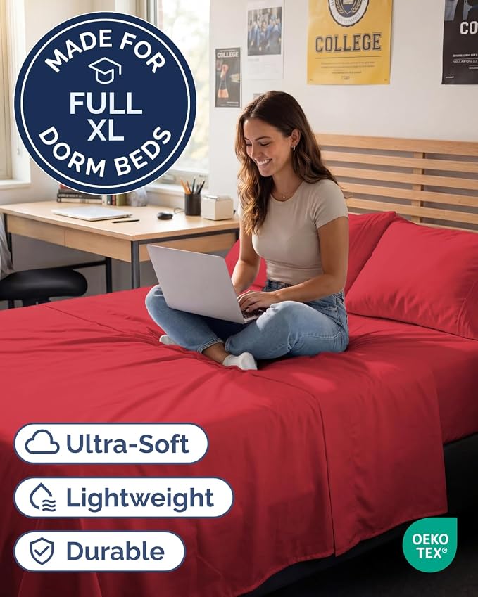 Full XL Sheets - 4 Piece Full XL Sheet Set - Breathable & Cooling - Red | Hotel Luxury Bedding for Women & Men with Deep Pockets, Ultra-Soft, Comfy, Easy-Fit, Wrinkle Free & Fade Resistant, Oeko-Tex