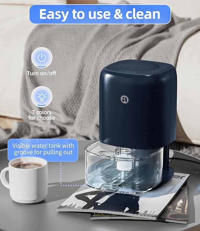 35 OZ Dehumidifier for Bedroom RV, Quiet with Auto Shut Off, Blue | 280 Sq.Ft Small Dehumidifiers for Home Bathroom Closet, 7 Color Light, 28dB Ultra Quiet, 35OZ Water Tank
