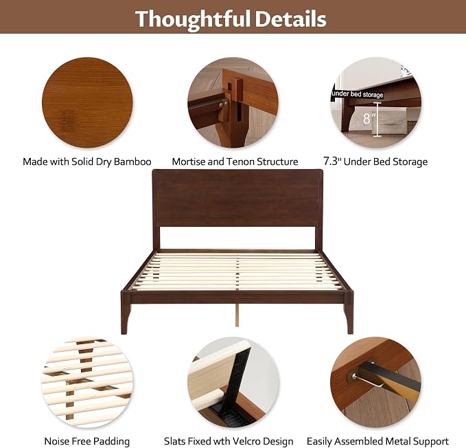 Merax Full Size Bamboo Platform Bed Frame with Tall Headboard, Espresso | Mid-Century Modern Solid Bedframe Full-Size, Wood Slat Support, No Box Spring Needed, Easy Assembly, Noise Free