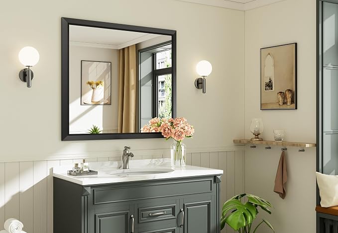 Black Metal Framed Bathroom Wall Mirror, 40x36 Inch | Anti-rust, HD tempered glass, for bathroom vanity, bedroom, living room, horizontal or vertical mount