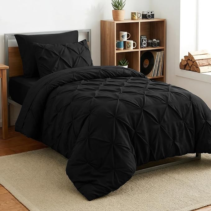 HIMEET Twin Comforter Set Black - 5 Pieces Pintuck Bed in a Bag | OEKO-TEX Certified, 240GSM Down Alternative Comforter, 14" Deep Pocket Fitted Sheet + Flat Sheet + 1 Pillowcase + 1 Sham