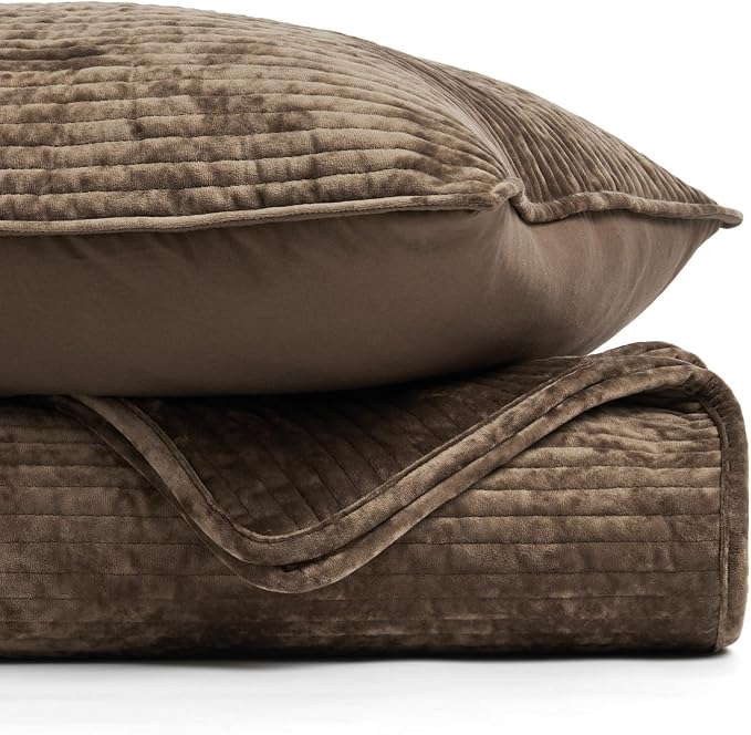 EverGrace Striped Channel Velvet Quilt Set, King Size, Mushroom Brown | Luxurious Soft Lightweight Velvet Comforter, Oversized Bedspread Coverlet, Quilted Bedding Set for All Season, with 2 Shams