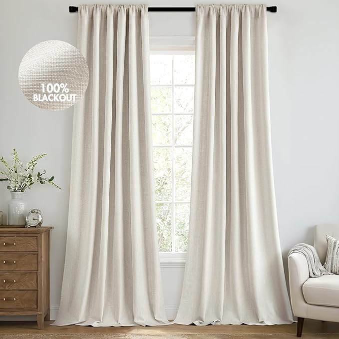MIULEE 100% Blackout Back Tab Pleat Linen Curtains 50" Wx84 L,Birch | 2 Panels,Thick Faux Linen,Textured Drapes,with Hooks,for Bedroom Living Room,Black Out,Room Darkening