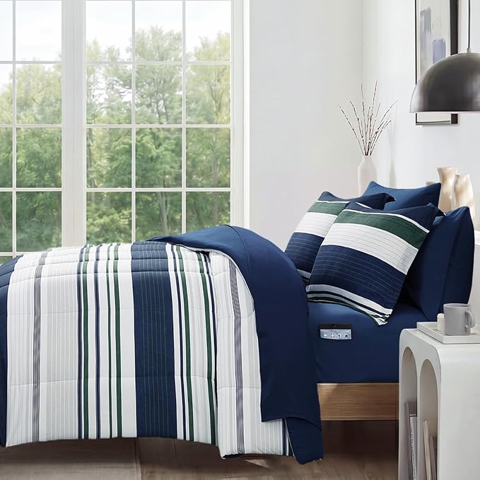 Monbix Queen Comforter Set-7 Pieces Striped Bed in a Bag Queen Bedding Sets | All Season Indigo Blue Reversible Soft Comforter Bed Set with Sheets, Pillowcases & Shams
