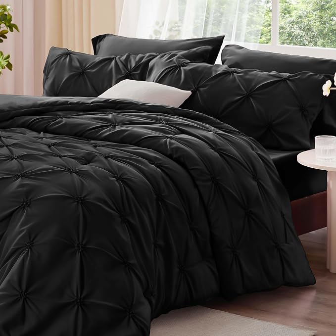 BEDELITE King Comforter Set Black,Lightweight & Soft Comforter | Pintuck Boho Bedding, Warm & Cute Bed Set for All Season,With 2 Pillowcases