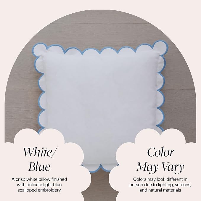 BEBE BASK Scalloped Pillow Cover Set of 2, 18x18, 100% Cotton - White/Blue | 100% Cotton, Scallop Pillow Covers, Grandmillennial Style, 18 by 18 Inch, Easy to Care, Machine Washable, Scalloped Pillows