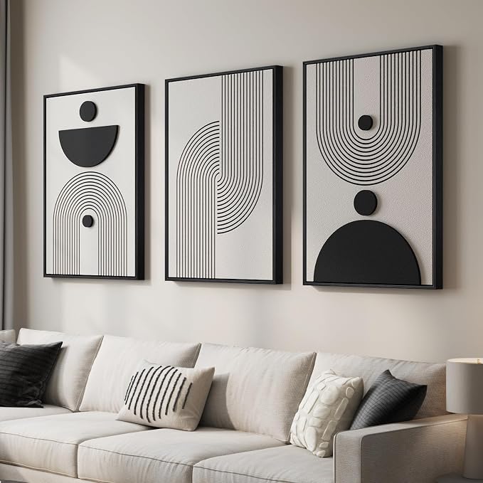 3D Large Framed Black and White Abstract Wall Art for Living Room, 3 Piece | Wood Frames, Sandstone Textured Paintings, Modern Artwork for Walls, 24x36 In Geometric Pictures Wall Decor Bedroom Office