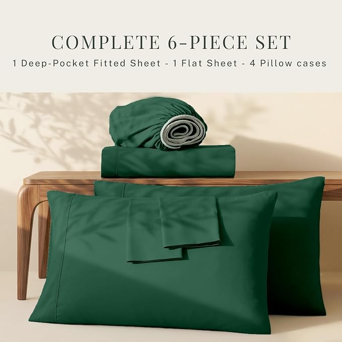Hearth & Harbor Bed Sheets, Luxury Soft 6 Piece Bed Sheet Set Extra Deep Pocket Fitted Sheets Fits Mattress up to 21", Double Brushed Bedding Sheets & Pillowcases, Twin XL, Dark Green