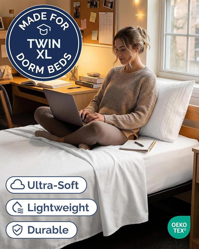 Twin XL 3 Piece Sheet Set - College Dorm Room Essentials - White | Deep Pocket Bed Sheets for Women, Men, Teens & Students, Soft, Cooling, Breathable & Wrinkle Free, Oeko-Tex Bed Sheet Set