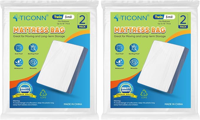 TICONN 2PK Plastic Mattress Bag for Moving Storage, Waterproof Mattress Protector Cover, Heavy-Duty Mattress Moving Supplies (3 mil, Twin) (Pack of 2)