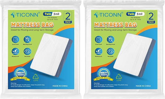 TICONN 2PK Plastic Mattress Bag for Moving Storage, Waterproof Mattress Protector Cover, Heavy-Duty Mattress Moving Supplies (3 mil, Twin) (Pack of 2)