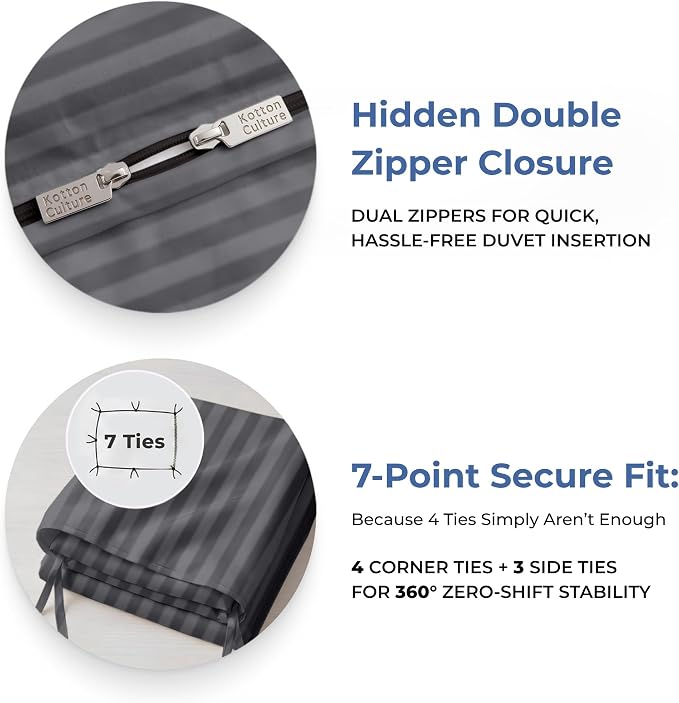 Kotton Culture 120"x98" 3 Pc Oversized King Duvet Cover Set 100% Egyptian Cotton - 600 Thread Count, Zipper Closure & Corner Ties - Fits Large King Inserts (Oversized King,Striped Dark Grey)