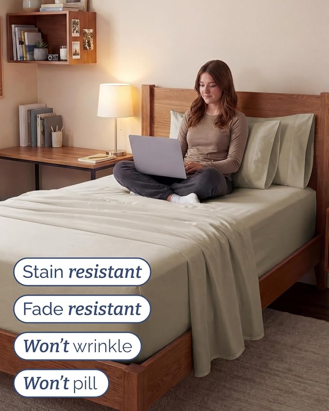 Extra Deep Twin XL Sheet Set - 4 Piece College Dorm Room - Wheat | College Dorm Room Essentials, Easy & Secure Fit, Ultra-Soft, Wrinkle & Fade Free, Comfy Sheets Set with Extra Deep Pockets
