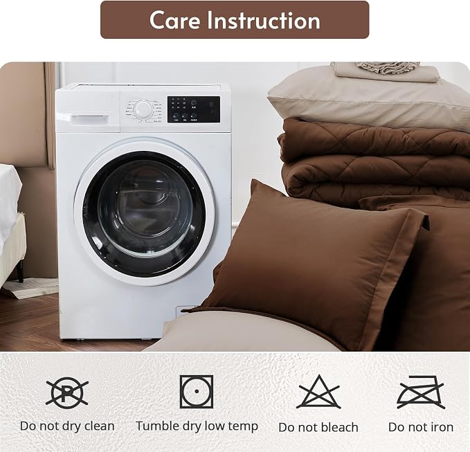 7 Pieces Oversized Queen Comforter Set, Reversible Bed in a Bag Oversized Queen Size, All Season Bedding Set with Comforter, Flat Sheet, Fitted Sheet, Pillowcases & Shams, Brown & Khaki