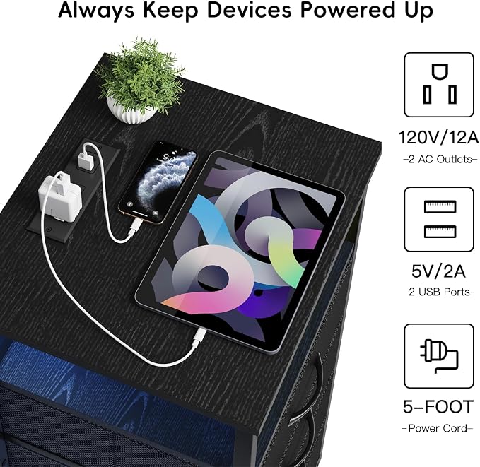 Fixwal Night Stand with 3 Drawers, Black Nightstand with Charging Station | led lights, built-in bedside charger, 2 AC outlets & 2 usb ports, 2 wooden shelves, fabric drawers, bedroom furniture