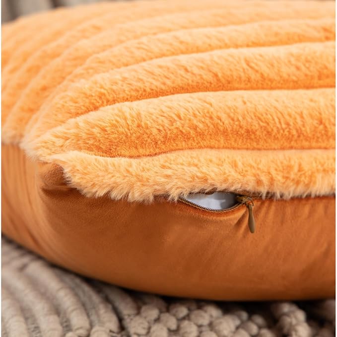 ZLINA Orange Striped Faux Fur Throw Pillow Covers 16 x 16 Inch | 2‑Pack, boho striped pillow covers,velvet back,fuzzy plush cushion covers , for sofa bed livingroom home decor