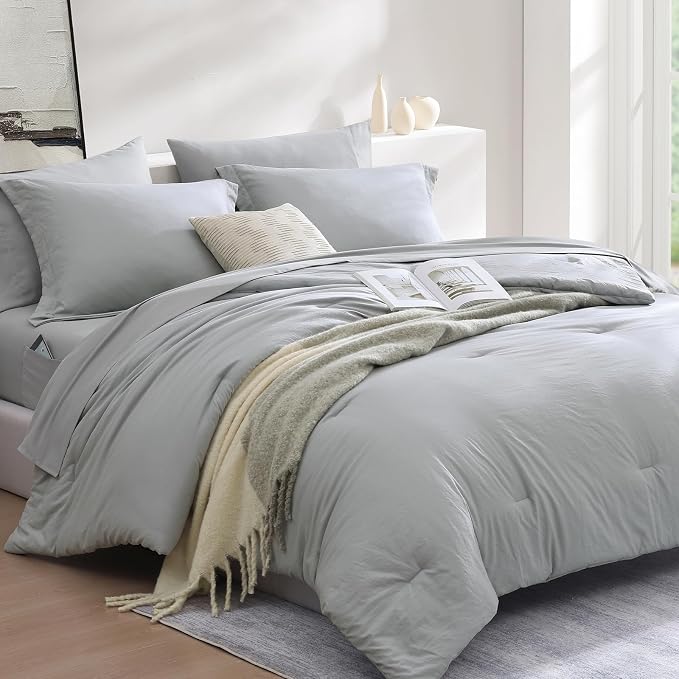 King Size Comforter Set- 7 Pieces Prewashed Bed in a Bag King Bedding Sets | Soft All Season Comforter with Sheets, Pillow Shams & Pillowcases, Light Grey
