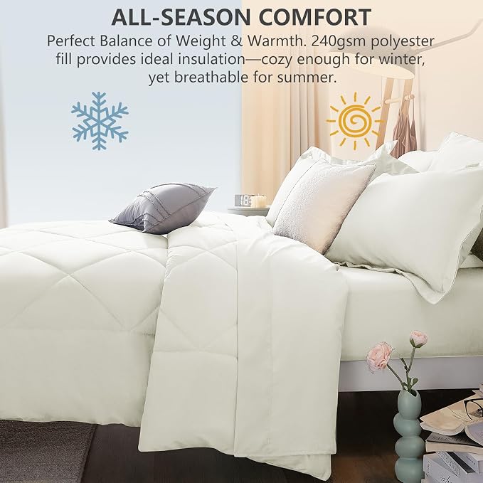 Twin XL Comforter Set with Sheets Ivory - 5 Pieces Bed in a Bag | College Dorm Essentials, OEKO-TEX Certified, All Season, 240GSM Down-Alternative Comforter, Sheets, Pillowcase & Sham