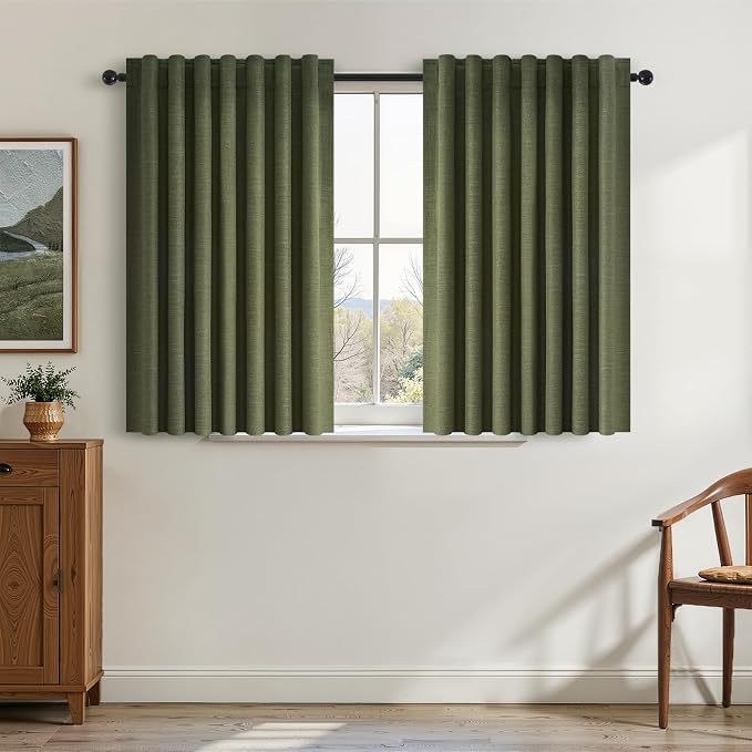 Topfinel Kitchen Curtains 54 Inch Length Linen Blackout Curtains for Small Window Back Tab Rod Pocket Pinch Pleated 100% Black Out Linen Cafe Classroom/Dorm Olive Green Loden(52"x54"x2 Panels)