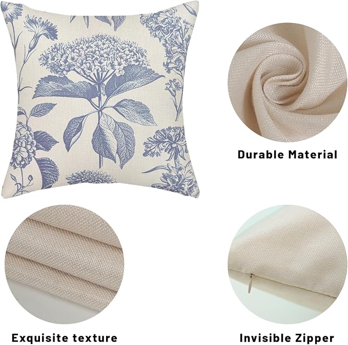 Vintage Blue Pillow Covers 24x24 Inch 2 Pcs Boho Floral Decor Throw Pillows Hydrangea Flower Seasonal Outdoor Farmhouse Neutral Accent Decoration Pillowcase Linen Cushion Cover for Couch