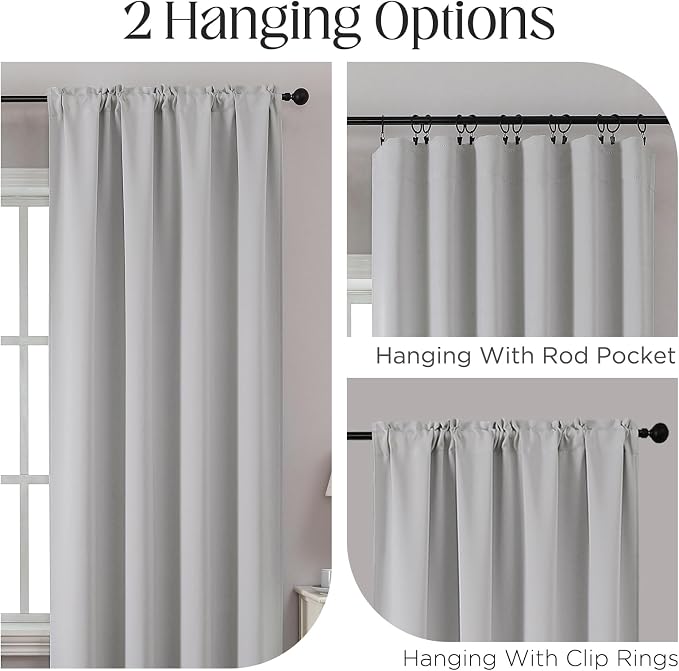 CUCRAF Grayish White Blackout Curtains 63 inch Length 2 Panels Set, Rod Pocket Room Darkening Drapes for Bedroom Living Room, Insulated Thermal Light Blocking Window Curtain (W52 x L63 Inch)