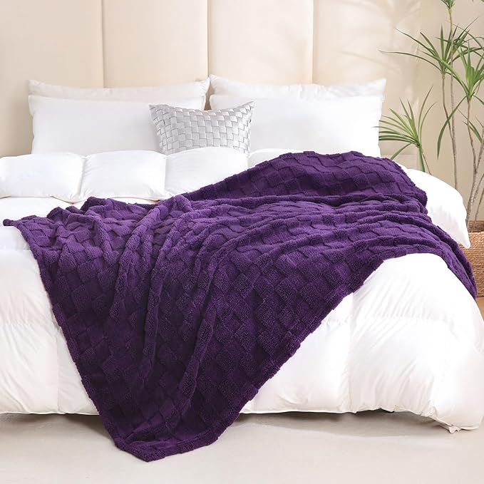 Deep Purple Fleece Throw Blanket 50”×60”Checkered Design for Couch | Super Soft Cozy Plush Microfiber 3D Square Pattern Flannel Blanket for Sofa Bed Lightweight for Adults,Women