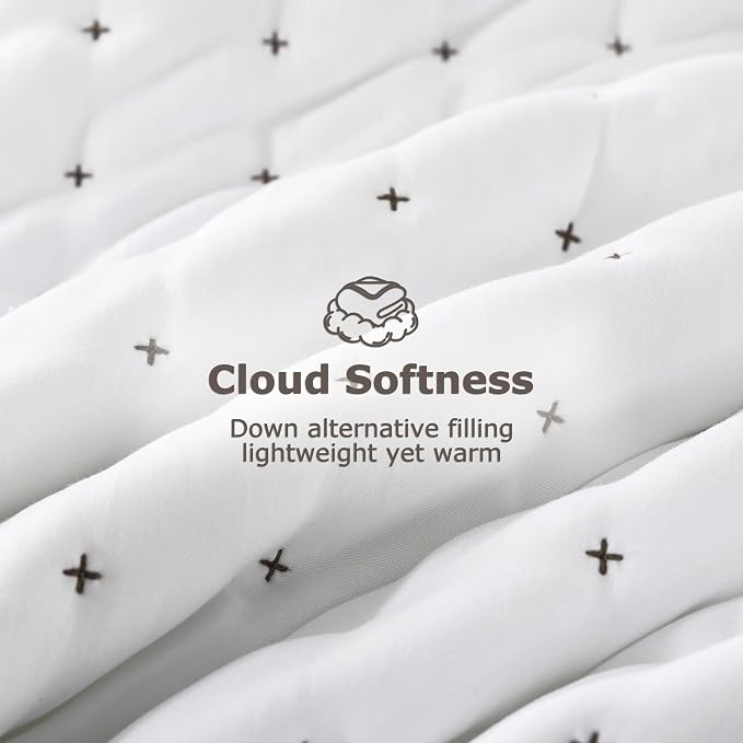 WDCOZY White Cloud Quilt Set King Size, Lightweight Soft Cross Stitch Bedspread, Farmhouse Rustic Country Coverlet, Spring Summer Thin Comforter, 3 Pieces, 2 Pillow Shams, 104x90 inches