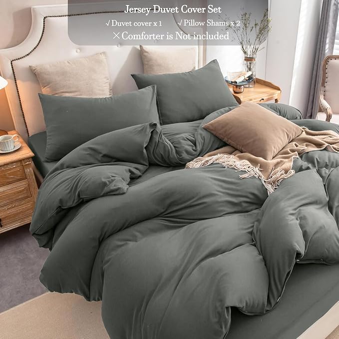 PURE ERA Jersey Knit Sheet Set Solid Dark Greenish Gray Full | 100% Cotton, 3 Piece Set, T Shirt Soft, Breathable, Envelope Closure Pillowcases, Hidden Zipper, 8 Ties, No Insert, Modern