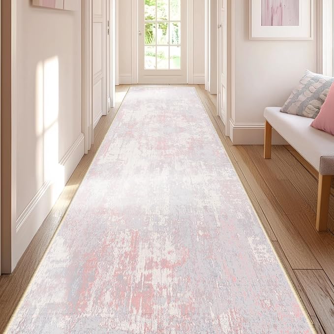 RELEANY Washable Runner 2'x10' Abstract Area Rug for Hallway Gray Pink | Carpet for Kitchen, Entryway, Bathroom, Living Room, Bedroom, Printed Pattern, Non‑Slip, Soft, Stain‑Resistant, Easy to Clean