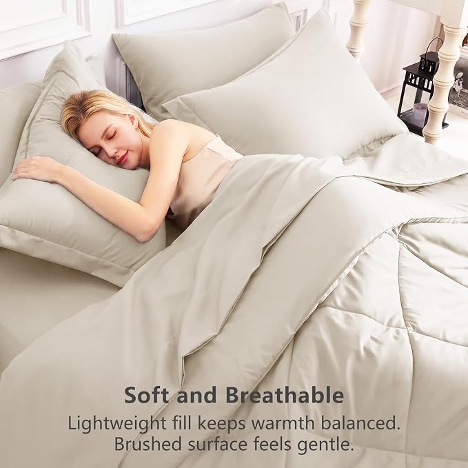 Queen Comforter Set with Sheets Beige - 7 Pieces Bed in a Bag | OEKO-TEX Certified, All Season, 240GSM Down-Alternative Comforter, Sheets, Pillowcases & Shams, 14" Deep Pocket, Easy Care