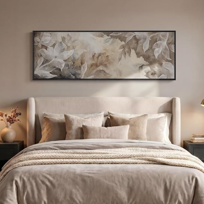 Large Framed Brown Beige Floral Abstract Wall Art for Living Room, 60x20 In | Magnolia pictures, Long horizontal artwork, Canvas print, Wood frame, Watercolor painting, Wall decor for bedroom dining room