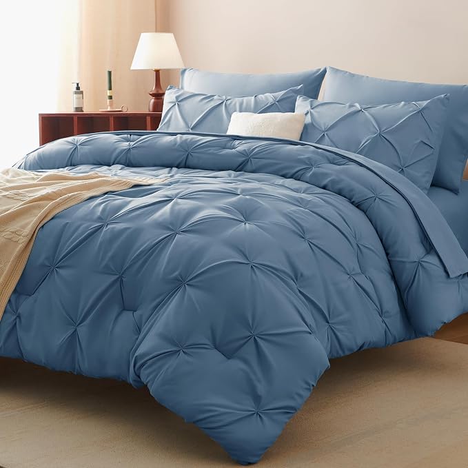 HIMEET California King Comforter Set Dusty Blue - 7 Pieces Bed in a Bag | OEKO-TEX Certified, 240GSM Down Alternative Comforter, 14" Deep Pocket Fitted Sheet + Flat Sheet + 2 Pillowcases + 2 Shams