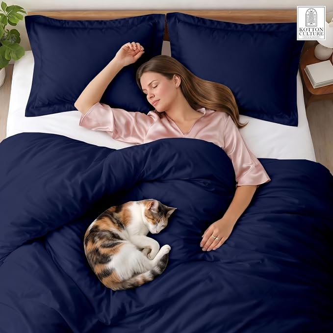 3 Pc California King Duvet Cover Set-100% Egyptian Cotton 600 Thread Count Ultra Soft Premium Durable Comforter Cover Zipper Closure & Corner Ties- (Navy Blue, 104" X 98")