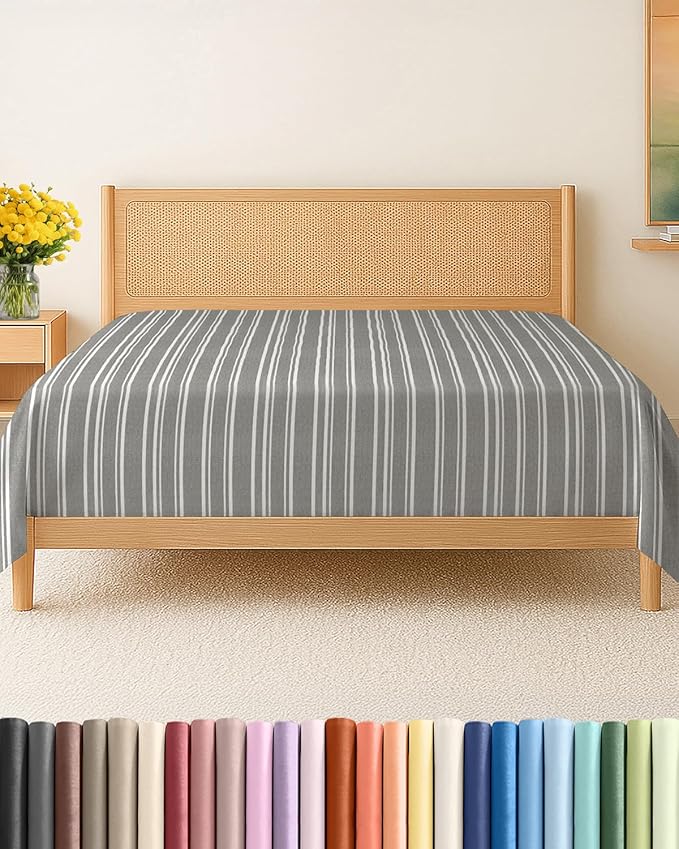 Full Flat Sheet - Single Flat Sheet Only - Soft & Cooling - Grey Stripes | Hotel Luxury Top Flat Sheet Only, Ultra-Soft, Breathable & Cooling, Fade & Wrinkle Free, Easy-Care, Stain & Shrink Resistant