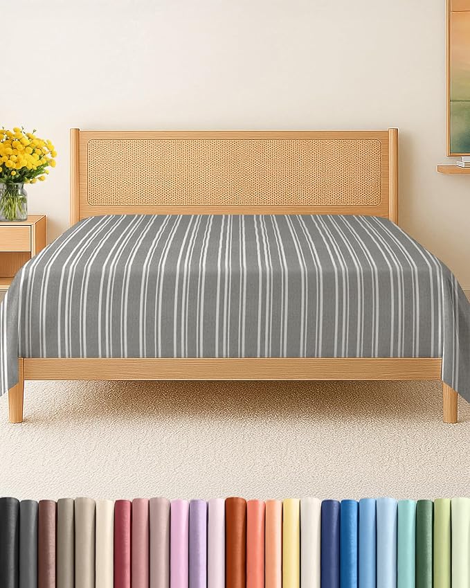 Queen Flat Sheet - Single Top Flat Sheet Only - Cooling - Grey Stripes | Hotel Luxury Top Flat Sheet Only, Ultra-Soft, Breathable & Cooling, Fade & Wrinkle Free, Easy-Care, Stain & Shrink Resistant