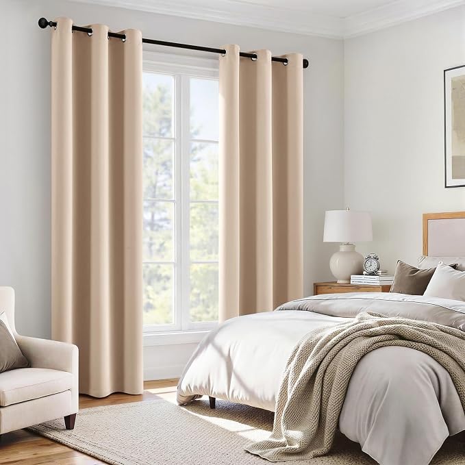 MIULEE Beige 100% Blackout Curtains for Bedroom 90 Inch Long 2 Panels Set | 2 Thick Layers Thermal Insulated Window Curtains with Black Liner, Noise Reducing Grommet, Drapes for Living Room