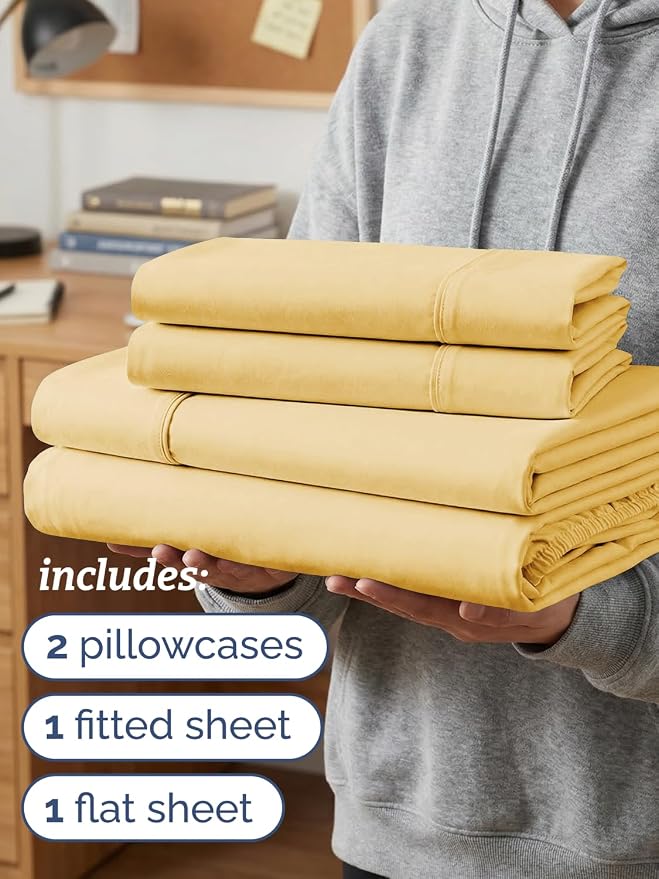 Twin XL 4 Piece Sheet Set - College Dorm Room Essentials - Butter Yellow | Ultra Soft Dorm Bedding Set, 8" to 16" Inch Deep Pockets, 1 Flat & 1 Fitted Sheet & 2 Pillowcases, Wrinkle & Fade Free