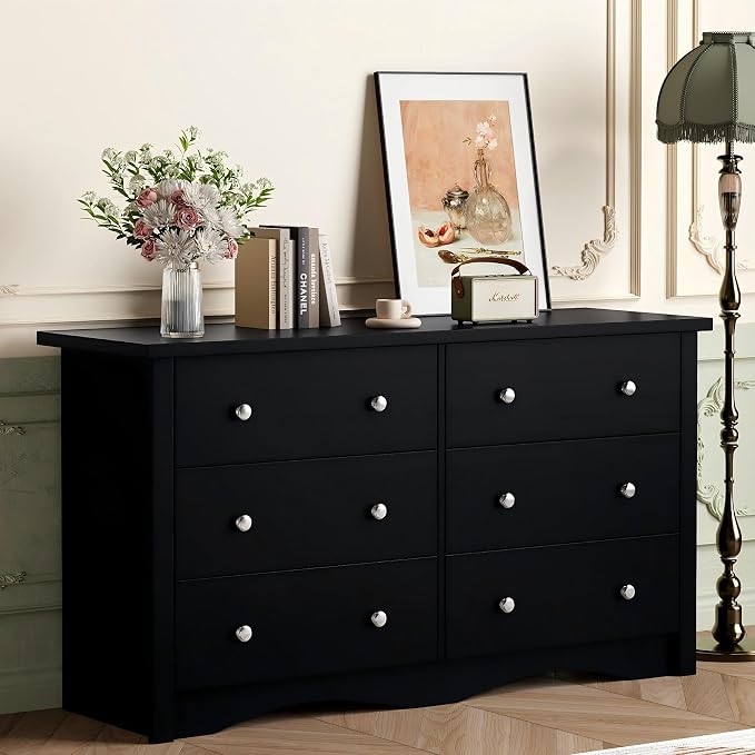 Shahoo Dresser for Bedroom with 6 Drawers, 47.2" Wood Dresser | Chests of Drawers, Anti-tip, Storage Organizer, TV Stand for Living Room, Closet, Hallway, Dormitory, Pure Black