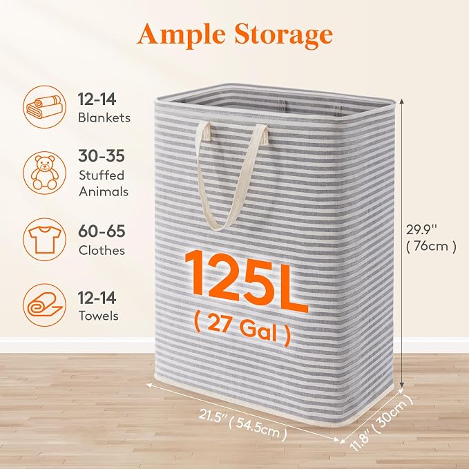 Lifewit 125L Large Collapsible Laundry Basket with Extended Handles, Grey | Foldable Laundry Hamper, Tall Dirty Clothes Basket, Waterproof, Freestanding Design for Bedroom, Bathroom, College Dorm