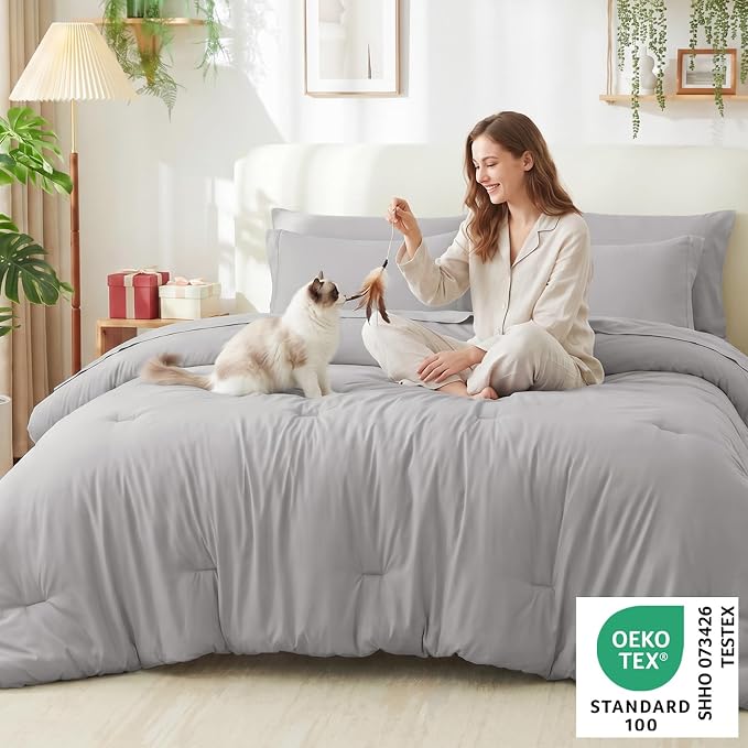 Queen Comforter Set French Grey, 7 Pieces Bed in a Bag | OEKO-TEX Certified, All-Season, Bedroom, 240GSM Down Alternative Comforter, Flat & Fitted Sheets, 2 Pillowcases & 2 Shams