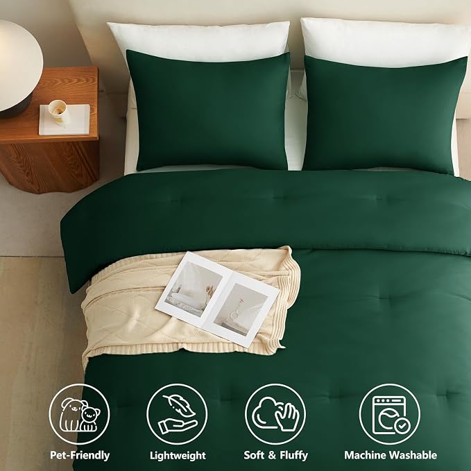 Twin Comforter Set, 2 Pieces Down Alternative Bedding Emerald Green | 270 GSM Twin XL College Dorm Comforter with 4 Corner Ties Use as a Duvet Insert, OEKO-TEX Certified, 1 Pillowcase, 68 x 88 in