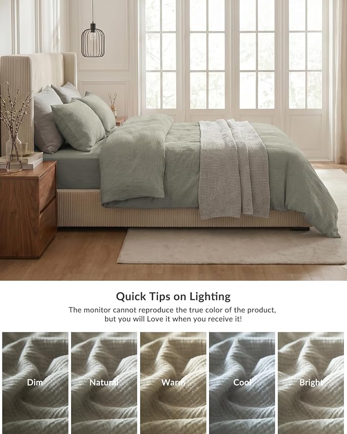 SE SOFTEXLY Muslin Duvet Cover Twin Size, 100% Washed Cotton Duvet Cover Set, Ultra Soft Comforter Cover Linen Like, 2 Pieces Minimalist Gauze Duvet Cover with 1 Pillowcase, 68"x90", Smoky-Green