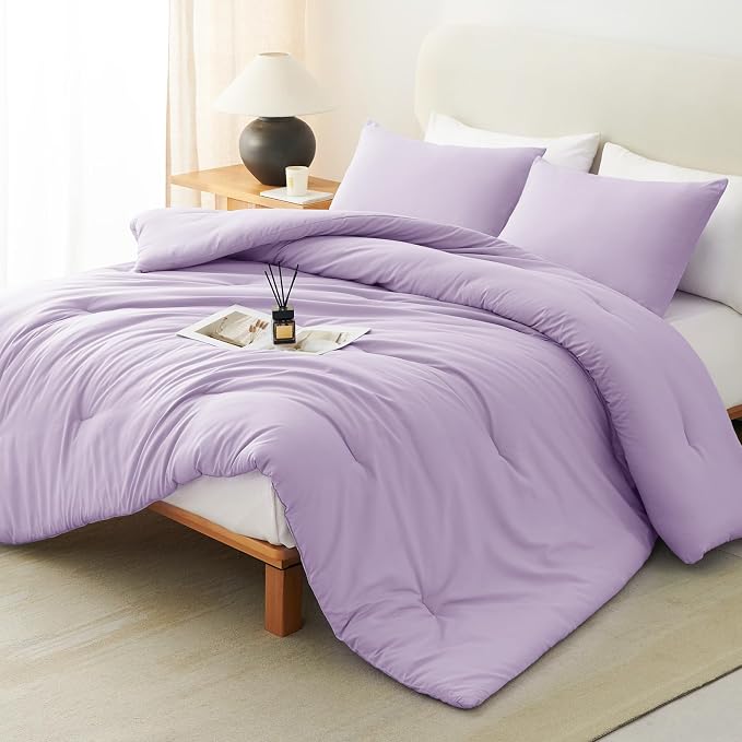 Oversized King Comforter Set, 3 Pieces Lavender Quilted Bedding | 270 GSM Down Alternative Fill, 4 Corner Ties for Duvet Insert Use, All Season, OEKO-TEX Certified, 2 Pillowcases, 120 x 98 in