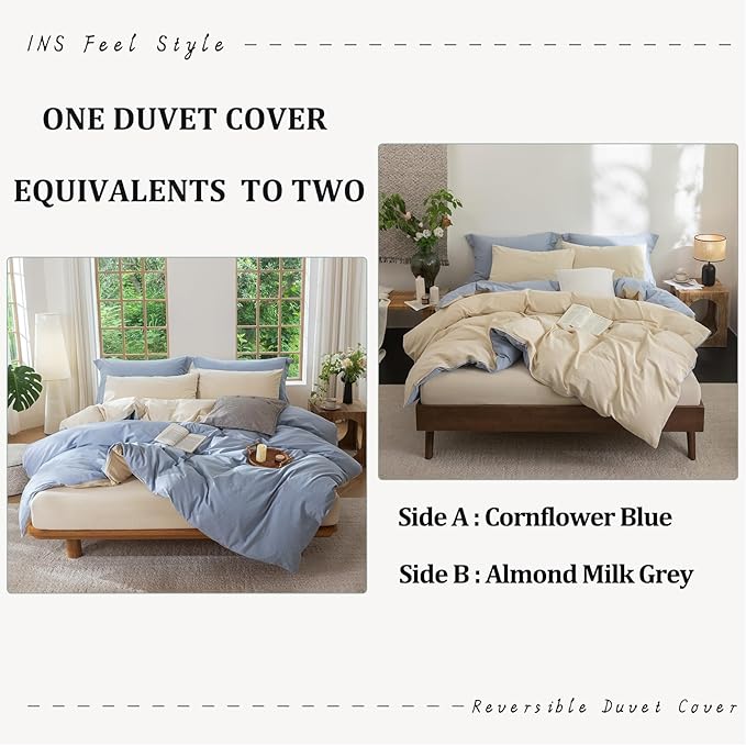 BDEAR 3Pcs Duvet Cover Set King Size 104" W x 90" L, Blue and Almond Grey | 100% Washed Cotton, 1 Duvet Cover with 2 Pillowcases, Zipper Closure, OEKO TEX Standard,8 Corner Ties,Linen-Liked Texture