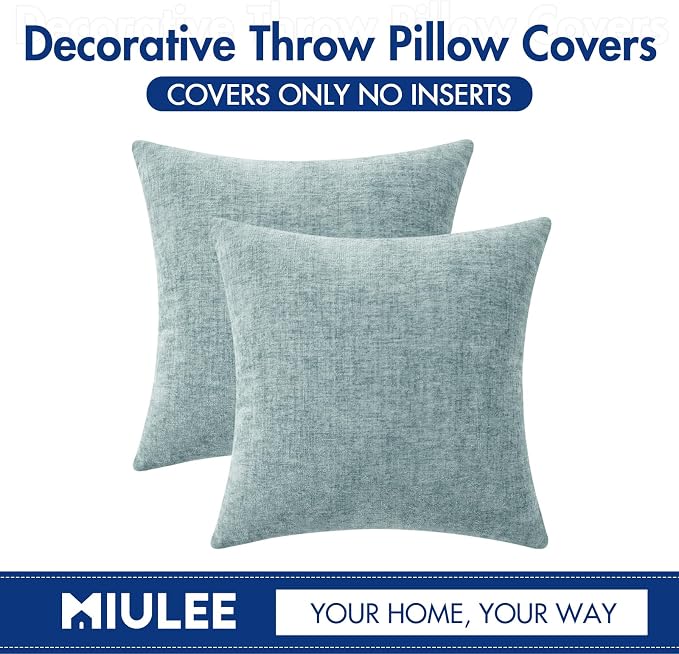 MIULEE Soft Chenille Throw Pillow Covers Light Blue 18x18 Inch Pack of 2 | Modern Home Decor, Classic Decorative Pillows, Solid Dyed Cases, Boho Couch Cushion Covers for Sofa Bed Living Room