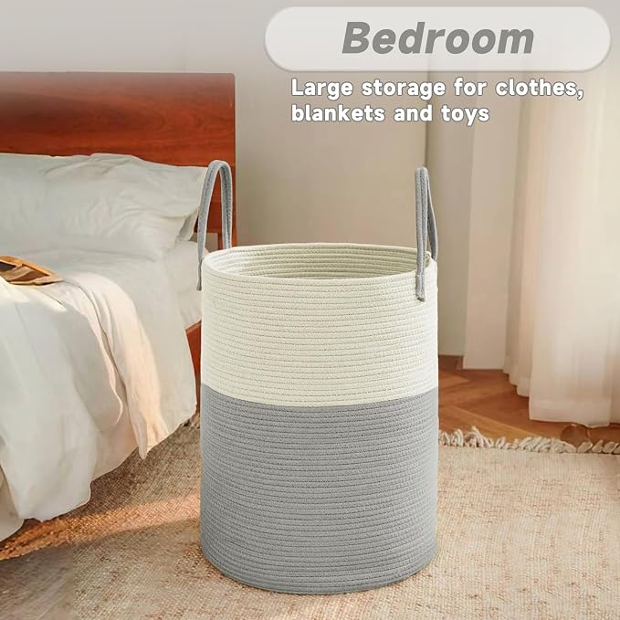 JMvicyroam 80L Cotton Rope Laundry Basket Hamper, White and Grey | Collapsible laundry basket, reinforced handles, freestanding, machine washable, holds 3-5 thick blankets, clothes or toys