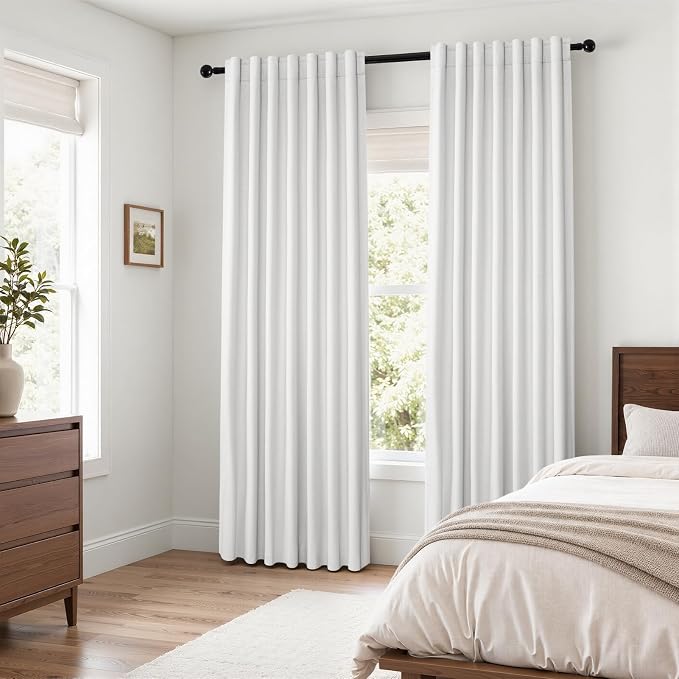Topfinel Snow White Linen Blackout 120 Inch Curtains for Large Living Room 2 Panels Set Back Tab Drapes Farmhouse Thermal Insulated Full Black Out Curtains 120 Length High Ceiling to Floor 52Wx120L
