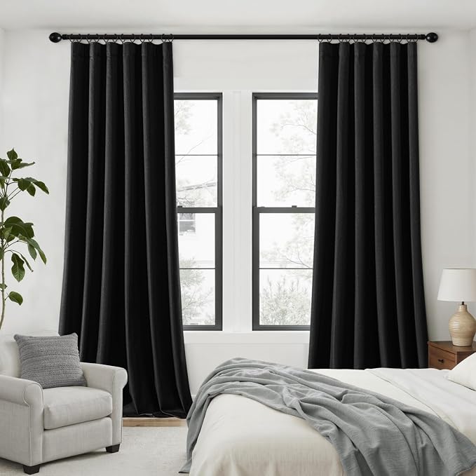 MIULEE 100% Blackout Back Tab Pleat Linen Curtains 50" Wx108 L,Black | 2 Panels,Thick Faux Linen,Textured Drapes,with Hooks,for Bedroom Living Room,Black Out,Room Darkening