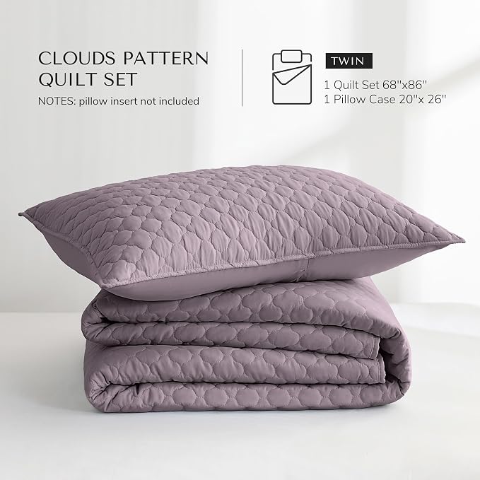 HORIMOTE HOME Quilt Twin Size Grayish Purple, Lightweight Quilt for Summer Ultra-Soft Microfiber Modern Style Quilted Clouds Pattern Bedspread Quit Set 2 Pieces (1 Quilt and 1 Pillow Sham)